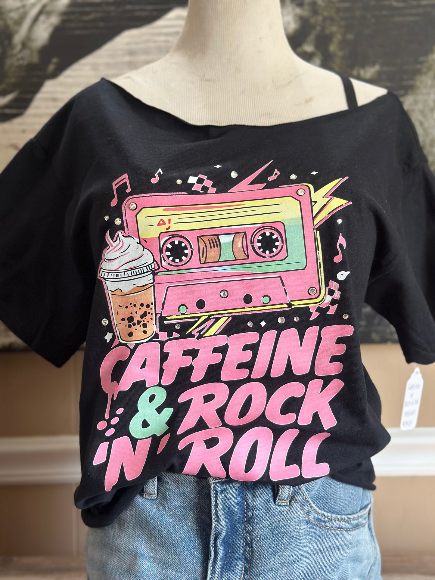 Cropped & Jeweled Caffeine & Rock ‘N’ Roll Graphic T-Shirt