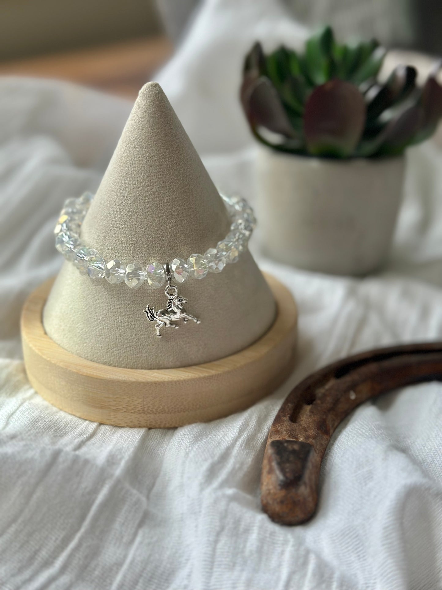 Clear Glass Bead Elastic Bracelet With Horse Charm