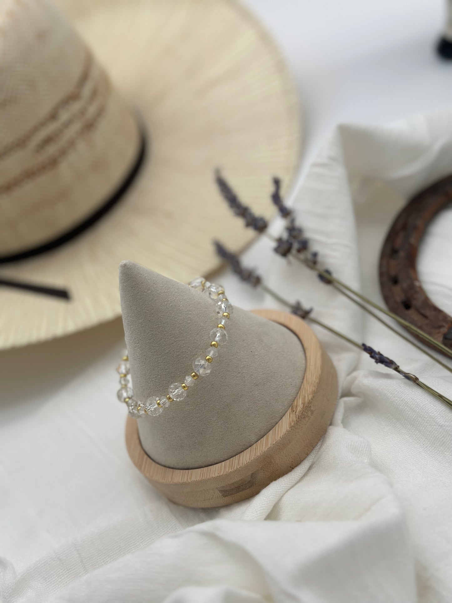 Faceted Glass Bead Elastic Bracelet With Gold-Filled Accents