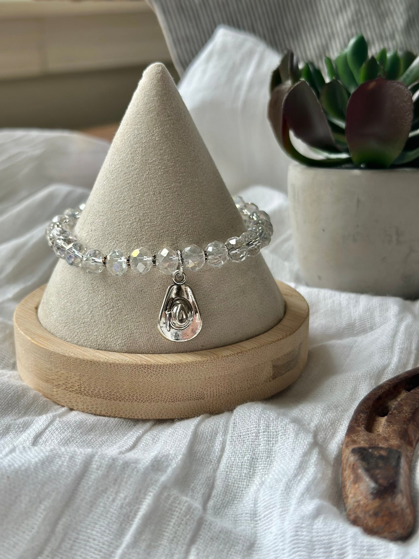 Clear Glass Bead Elastic Bracelet With Cowboy Hat Charm & Accents
