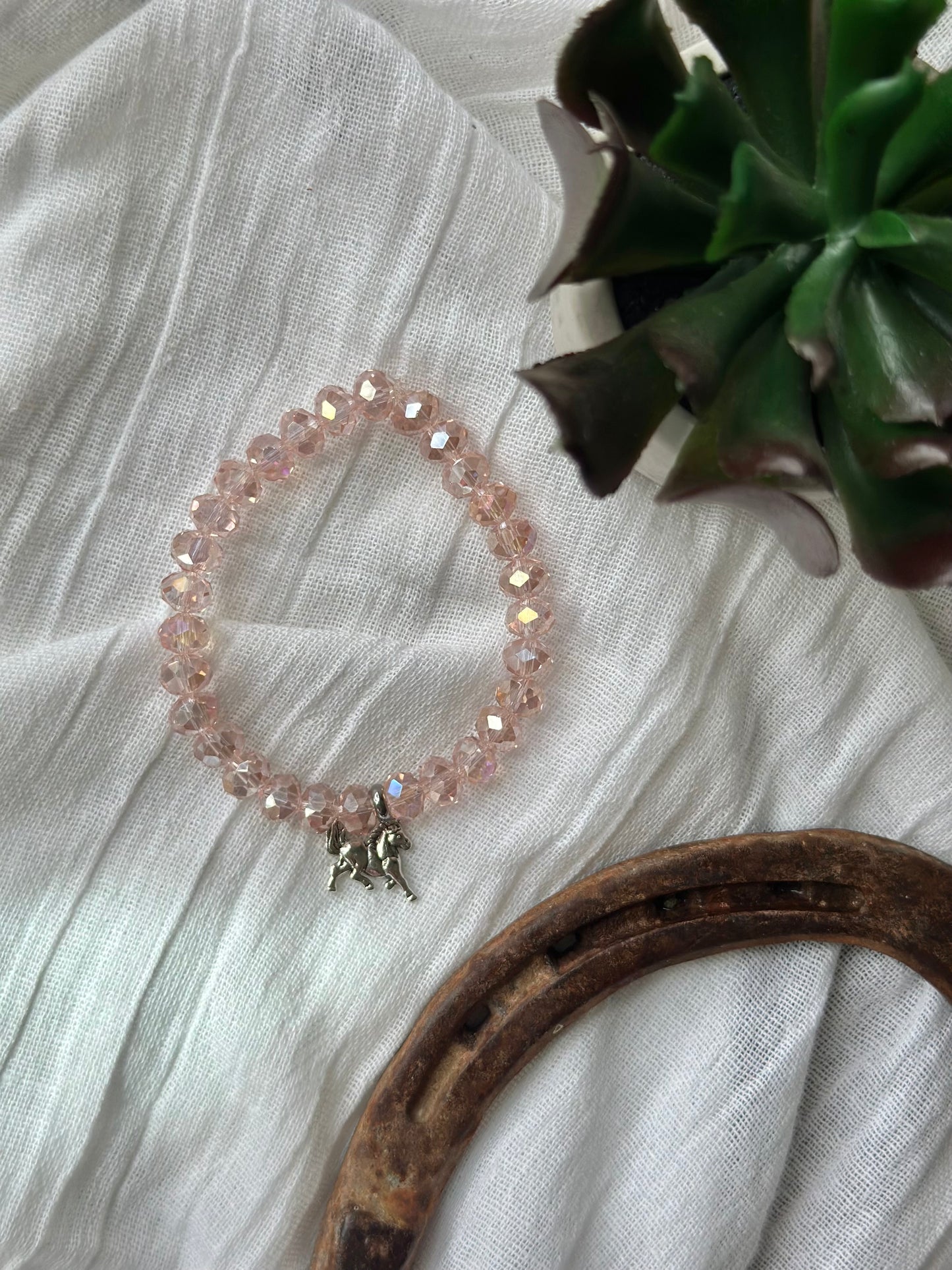 Pink Glass Bead Elastic Bracelet With Horse Charm