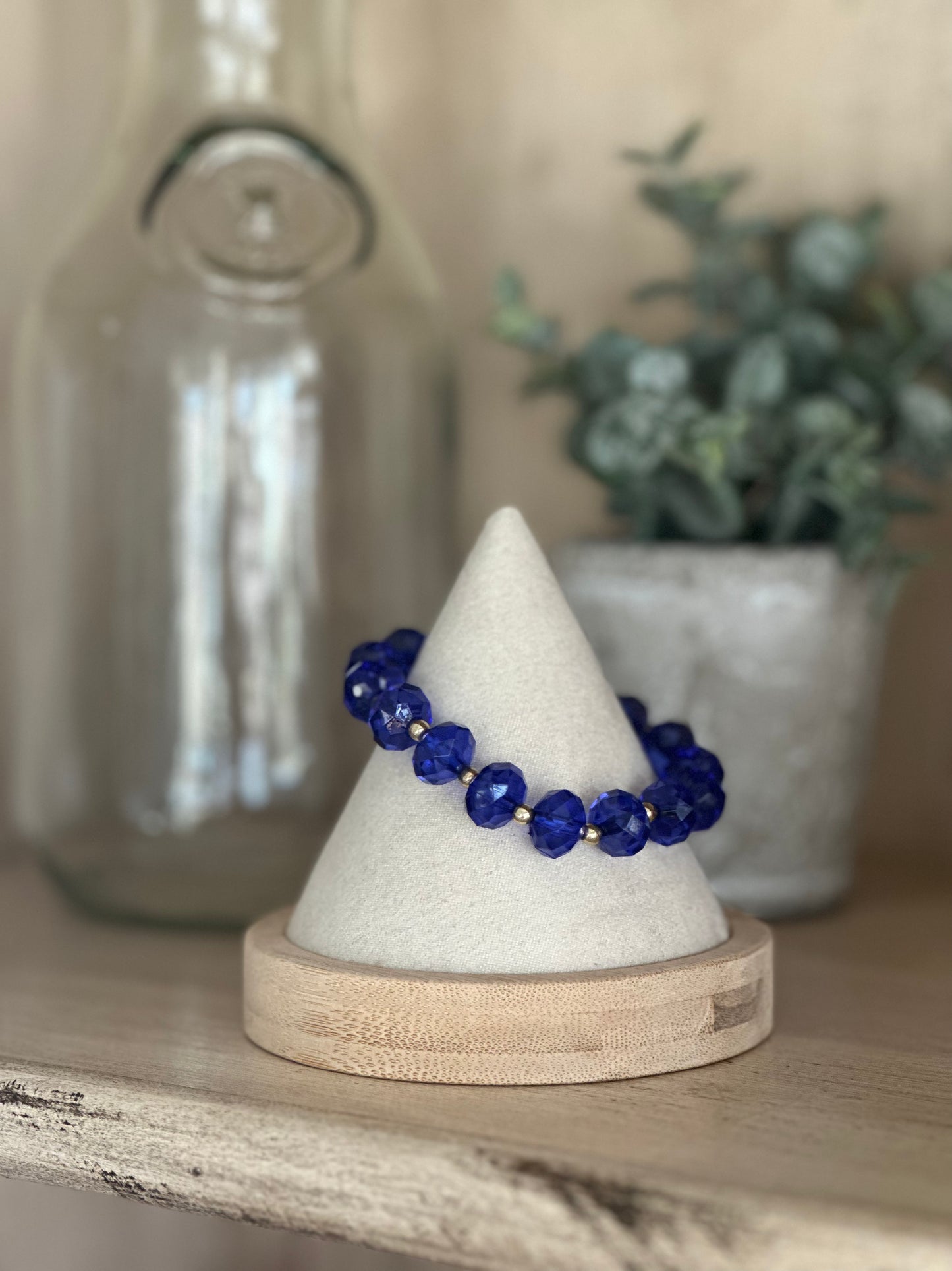 Large Blue Faceted Glass Bead Elastic Bracelet With Gold Filled Accents