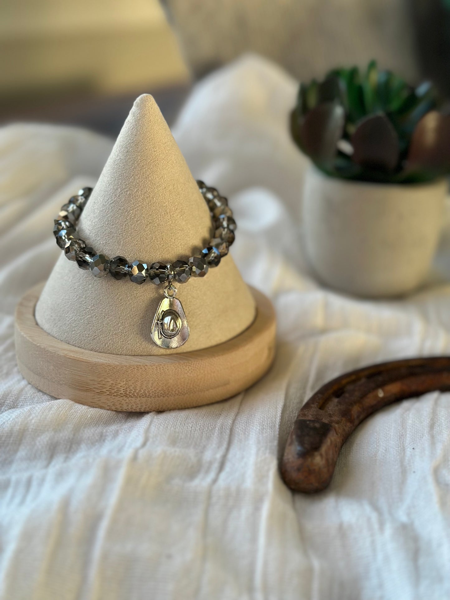 Gun Metal Glass Bead Elastic Bracelet With Cowboy Hat Charm
