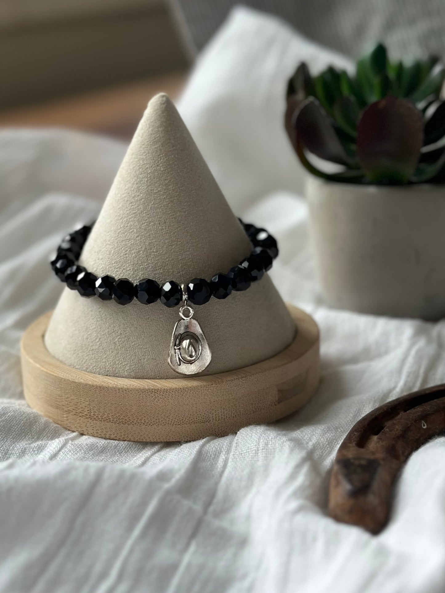 Black Glass Bead Elastic Bracelet With Cowboy Hat Charm