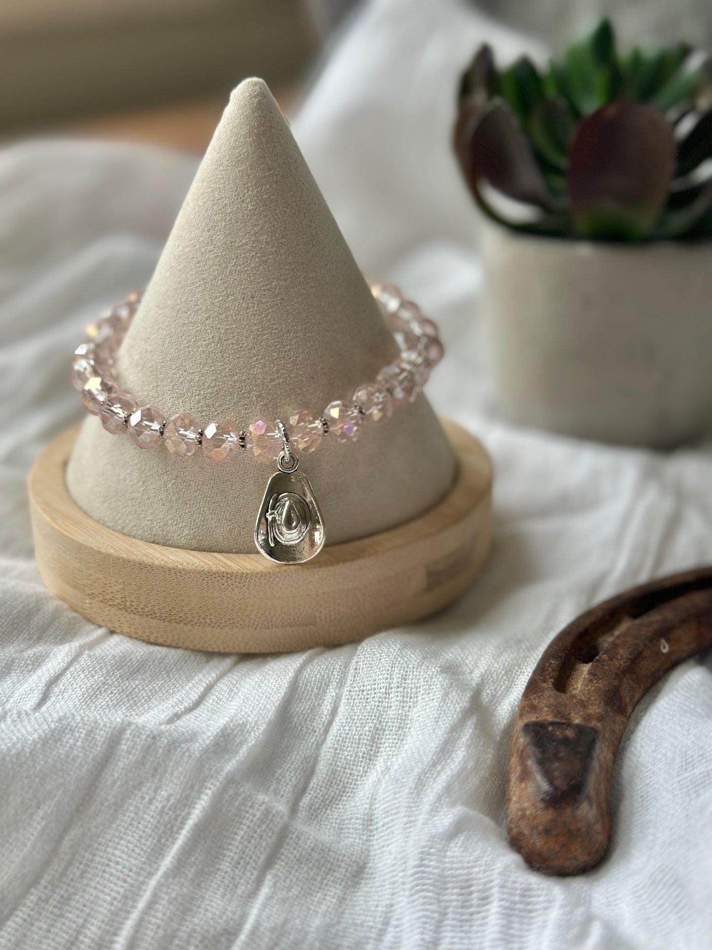 Pink Glass Bead Elastic Bracelet With Cowboy Hat Charm & Accents