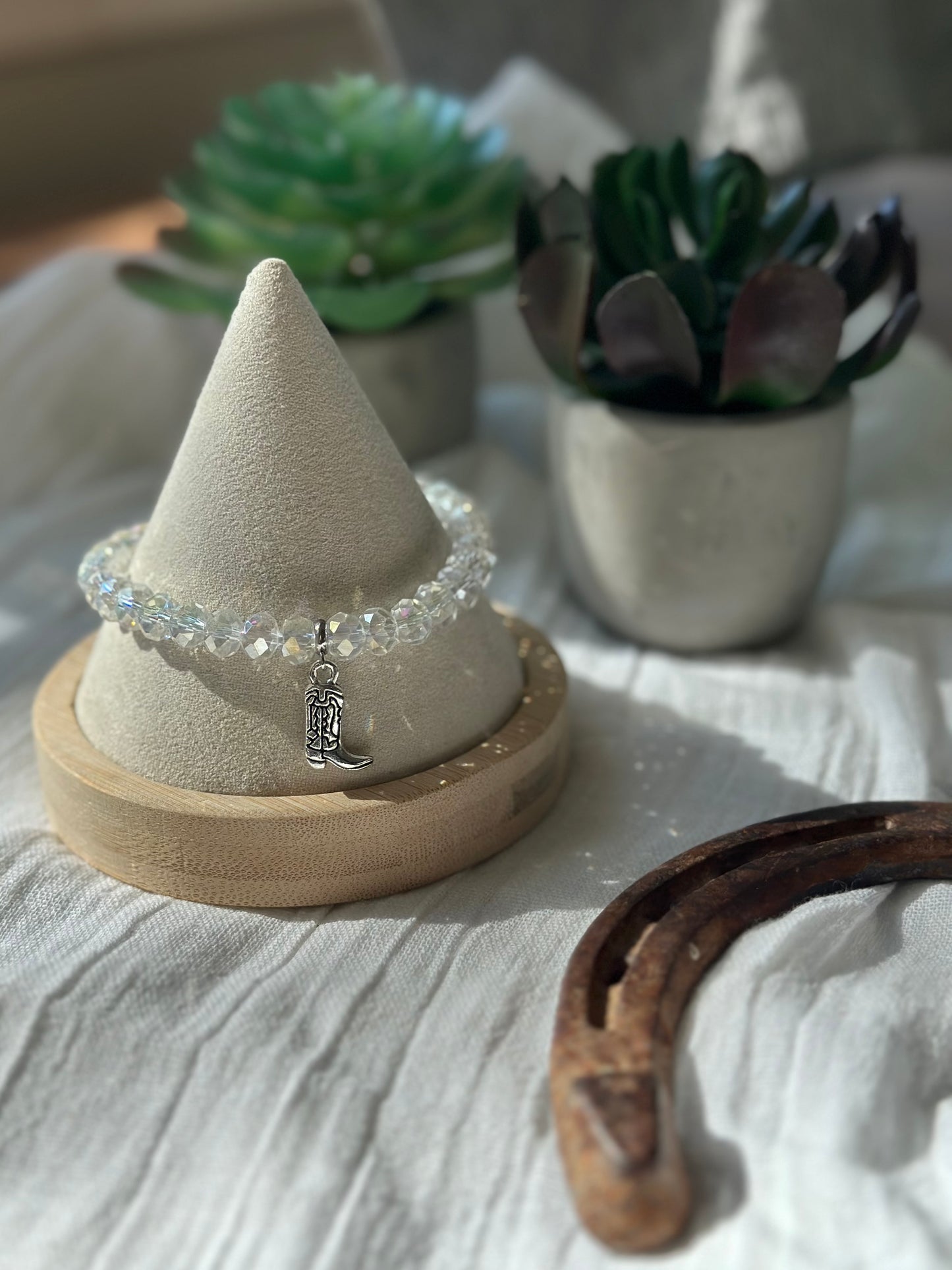 Clear Glass Bead Elastic Bracelet With Cowboy Boot Charm