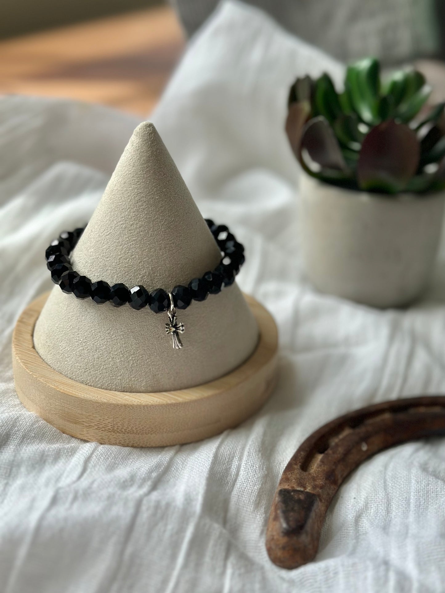 Black Glass Bead Elastic Bracelet With Cross Charm