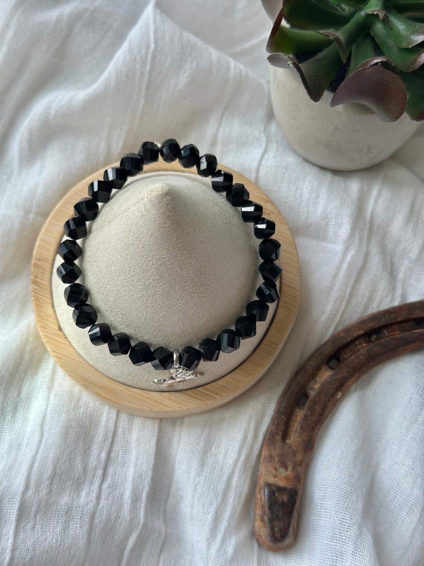 Black Glass Bead Elastic Bracelet With Horse Charm