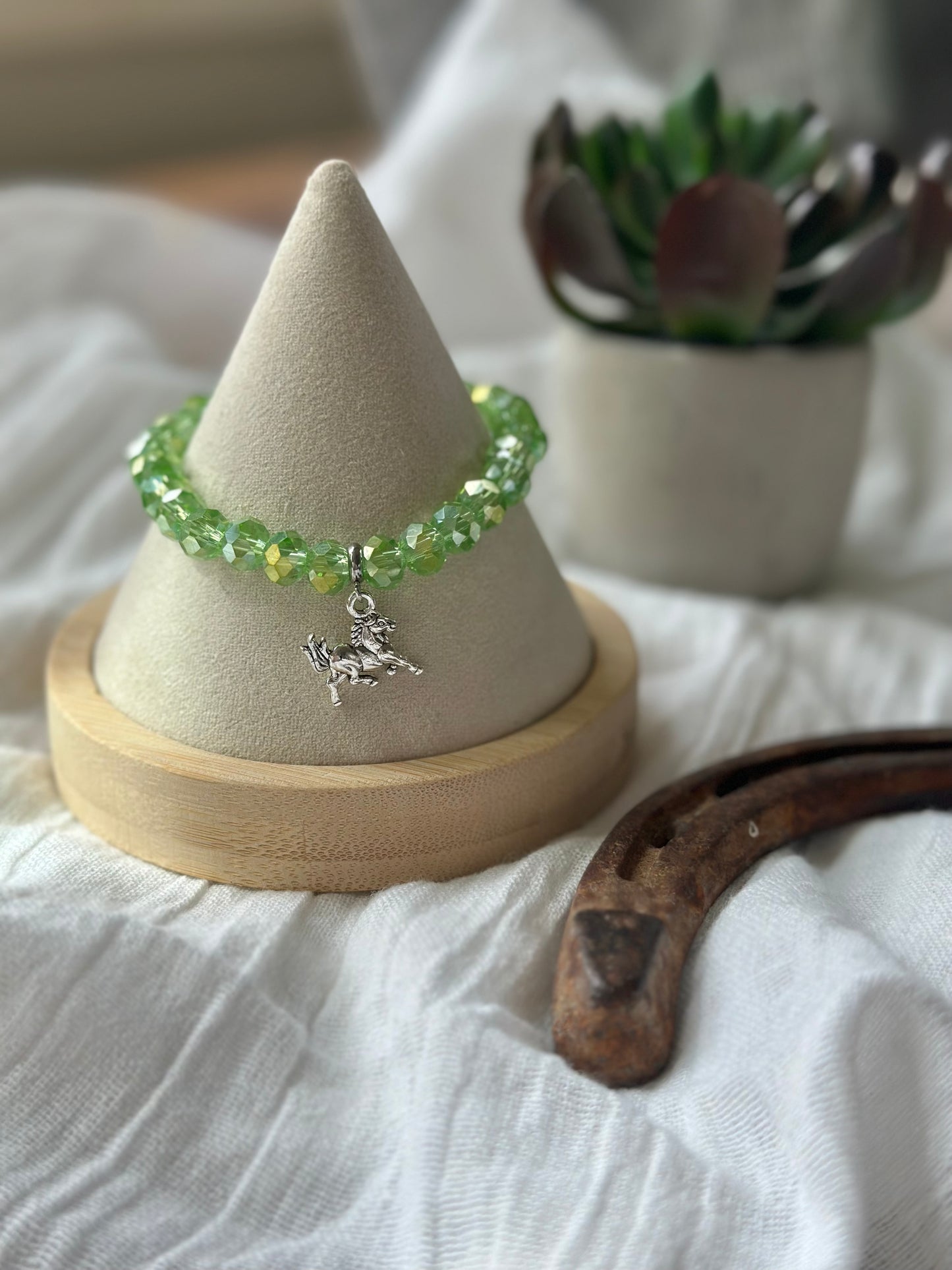 Green Glass Bead Elastic Bracelet With Horse Charm