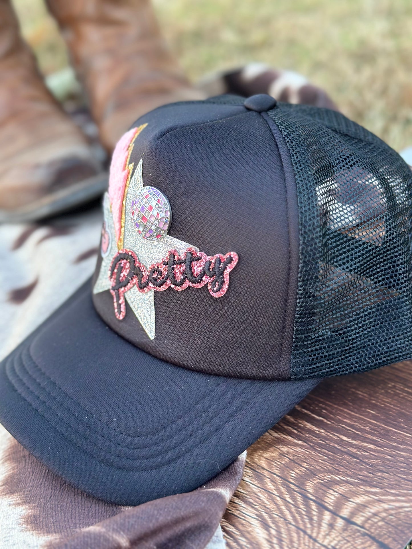 “Pretty & Bling” Black On Black Trucker Hat - Adult Size