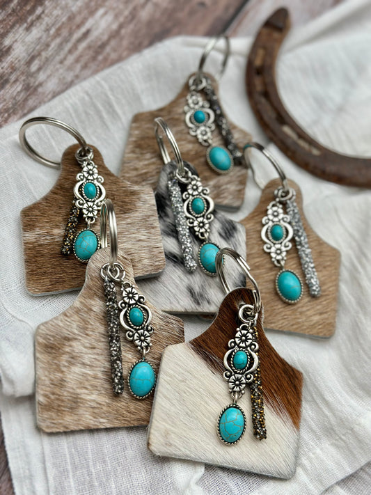 Cowhide Turquoise Drop Keychains