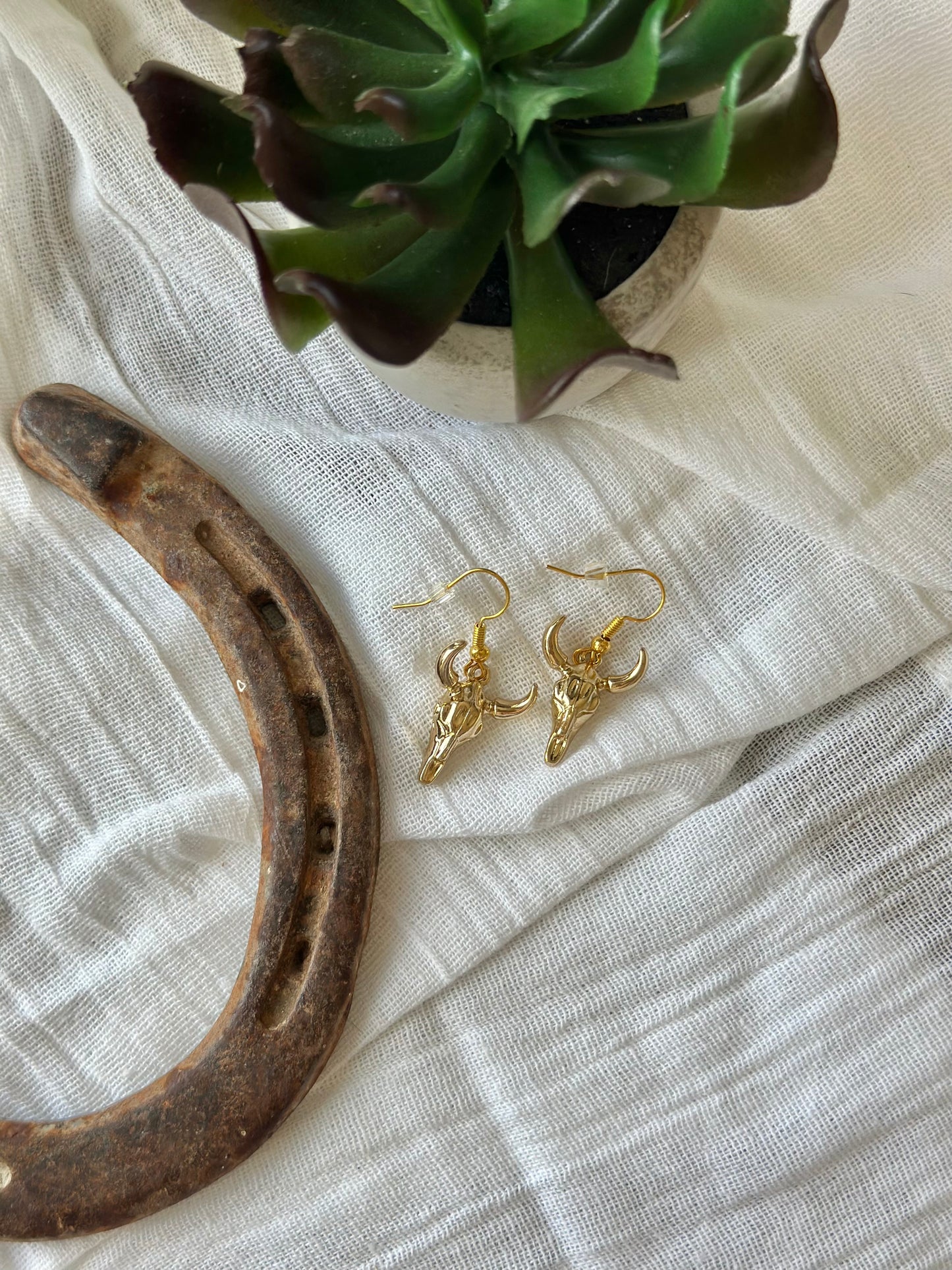 Small Gold Plated Cow Skull Charm Earrings