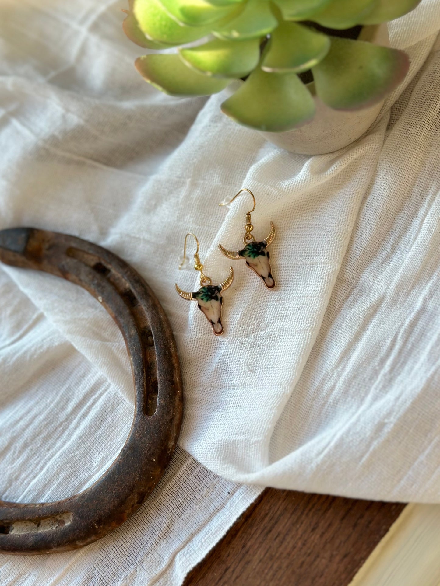 Rose Gold Plated Marbled Cow Skull Charm Earrings