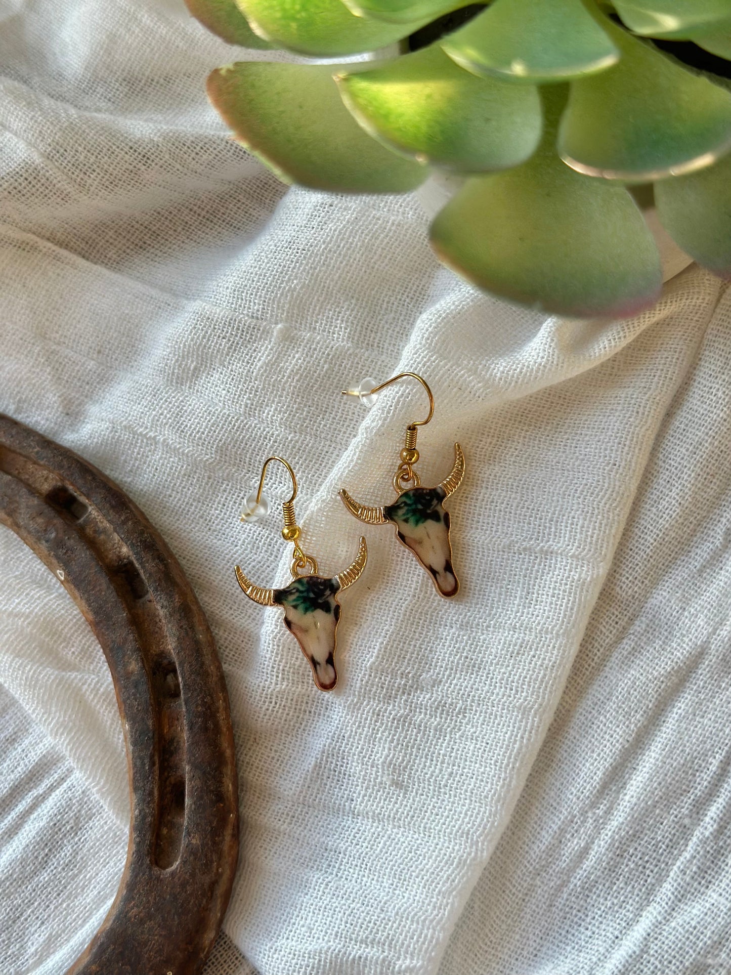 Rose Gold Plated Marbled Cow Skull Charm Earrings