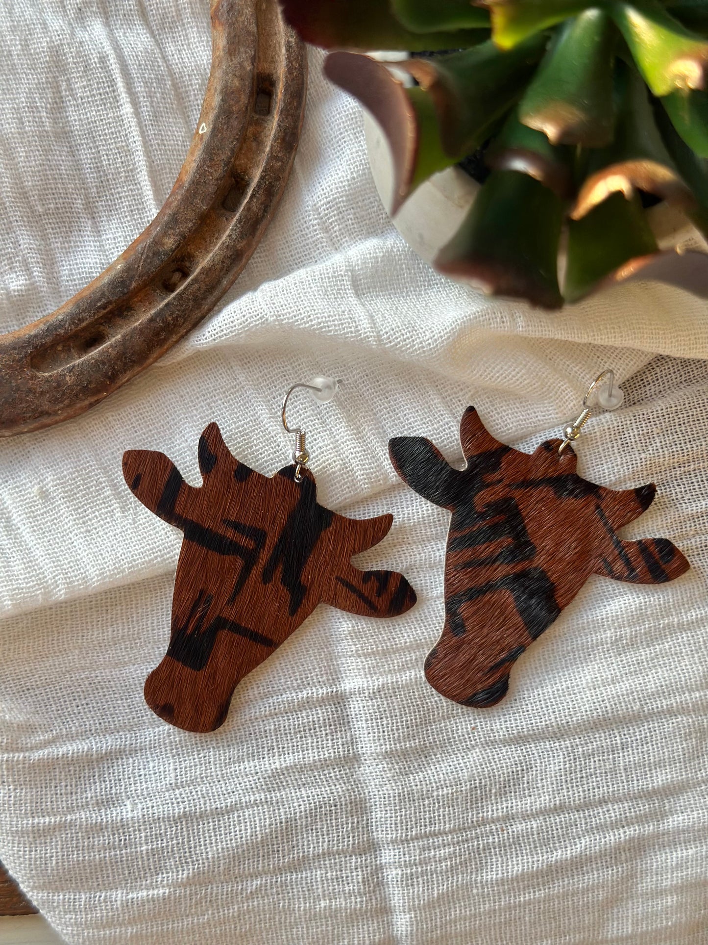 Brown Faux Leather Cow Head Earrings