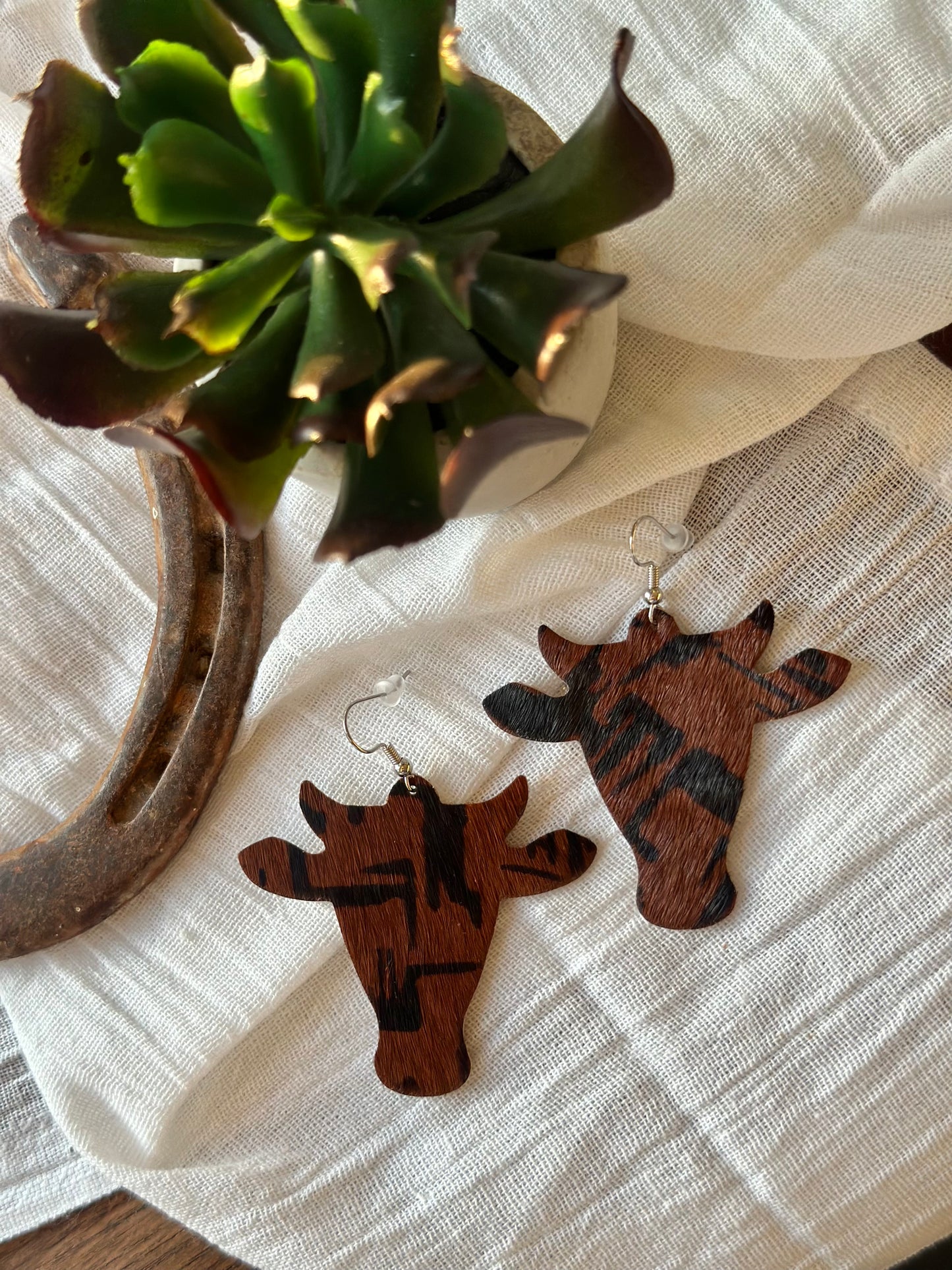 Brown Faux Leather Cow Head Earrings