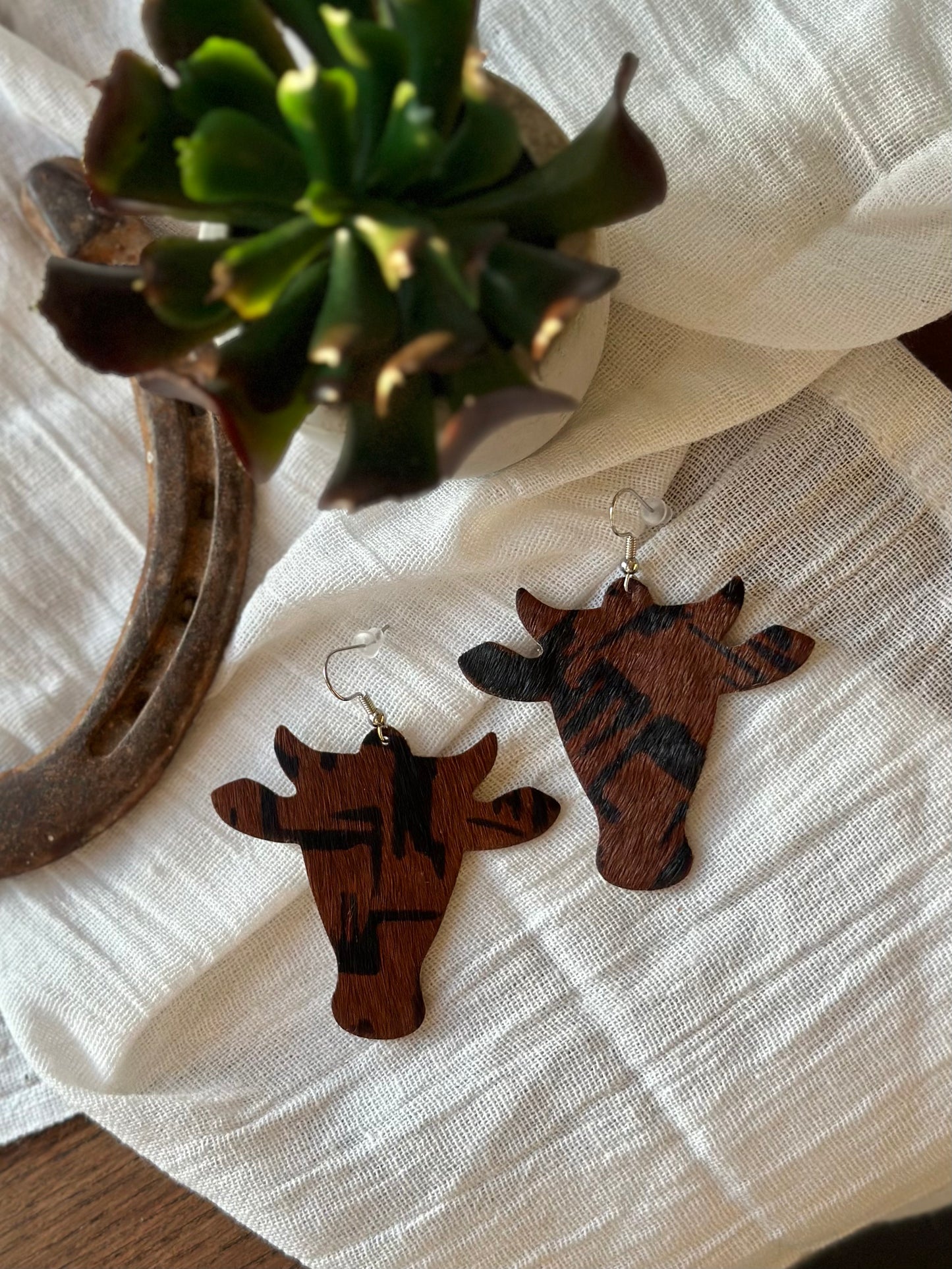 Brown Faux Leather Cow Head Earrings