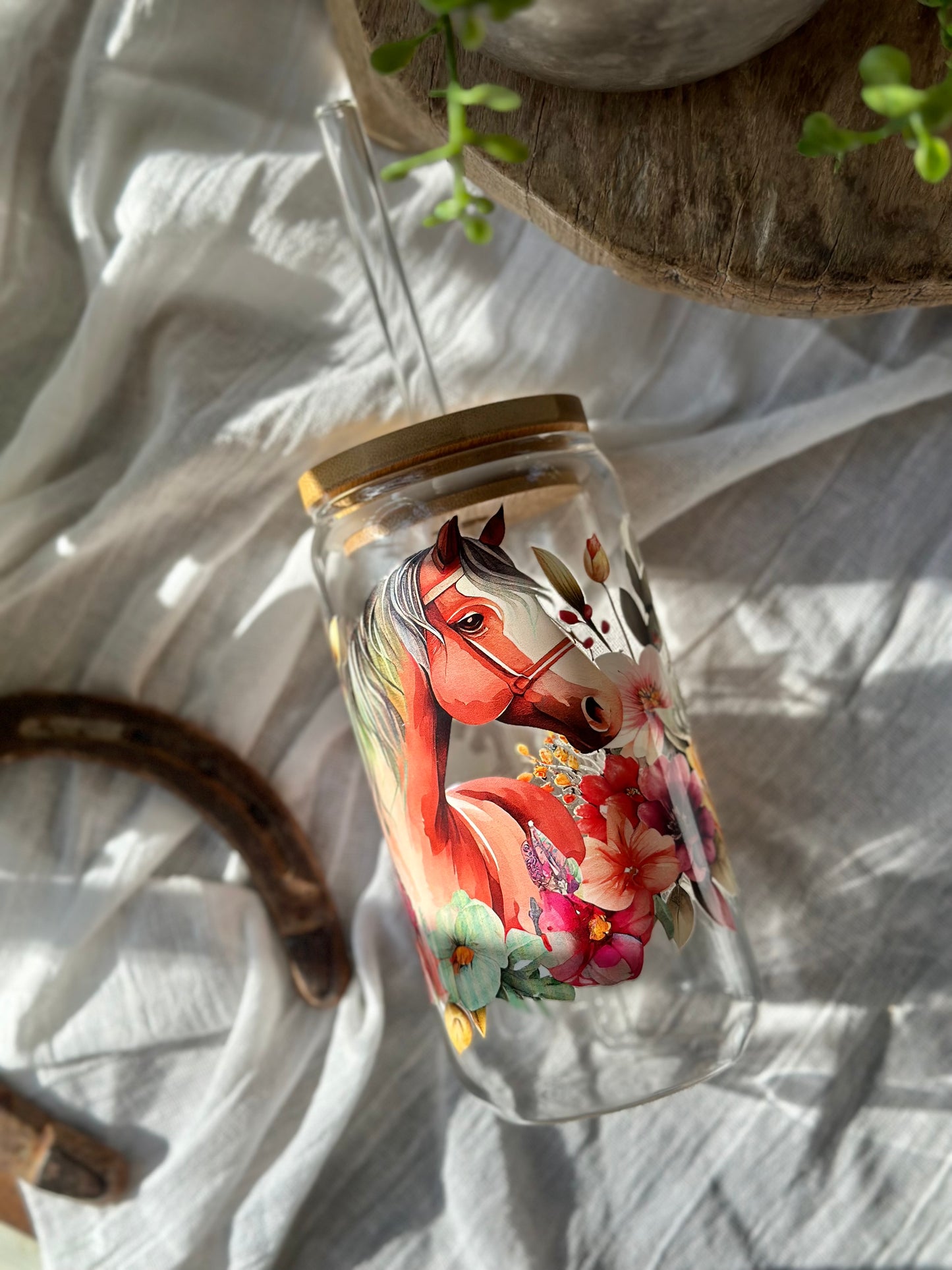 Floral Horse Glass Cup