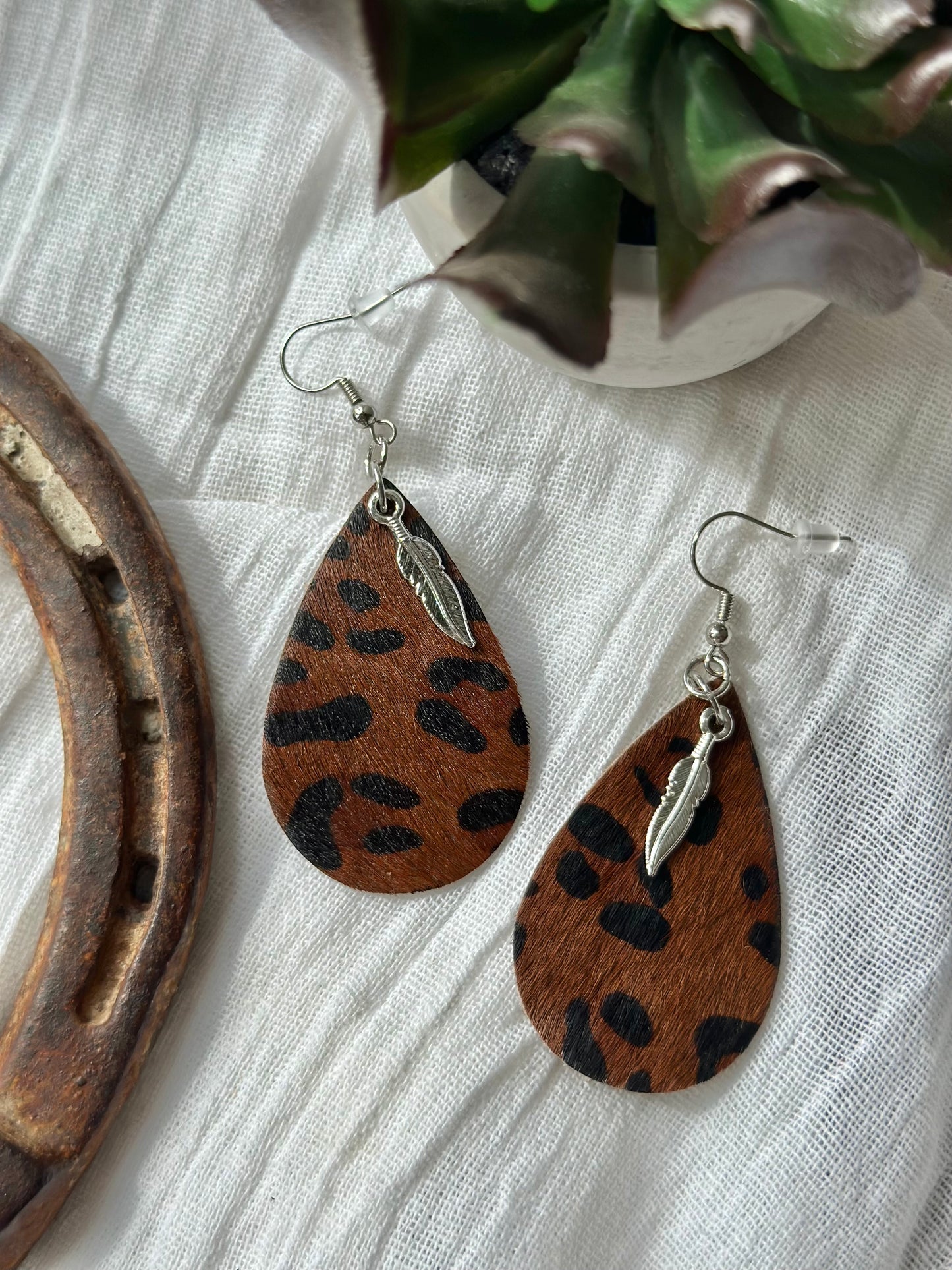 Brown Faux Leather Teardrop Earrings