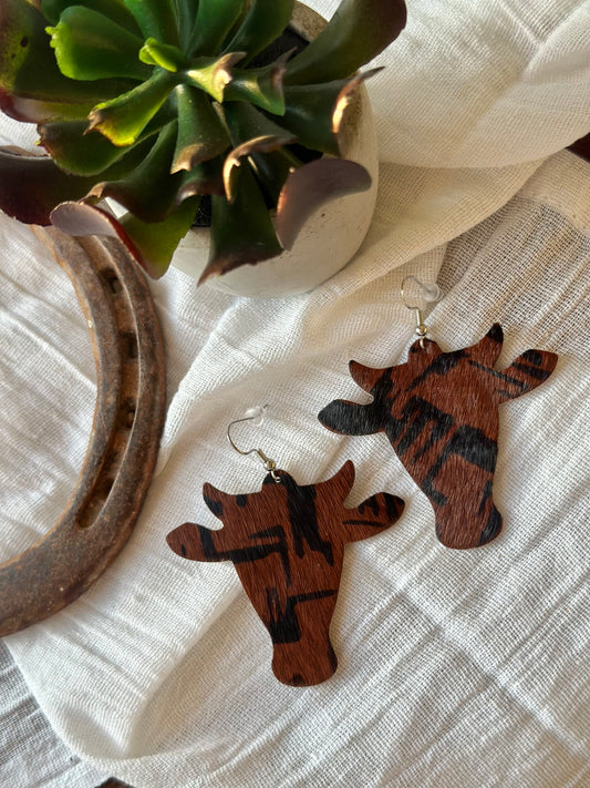 Brown Faux Leather Cow Head Earrings