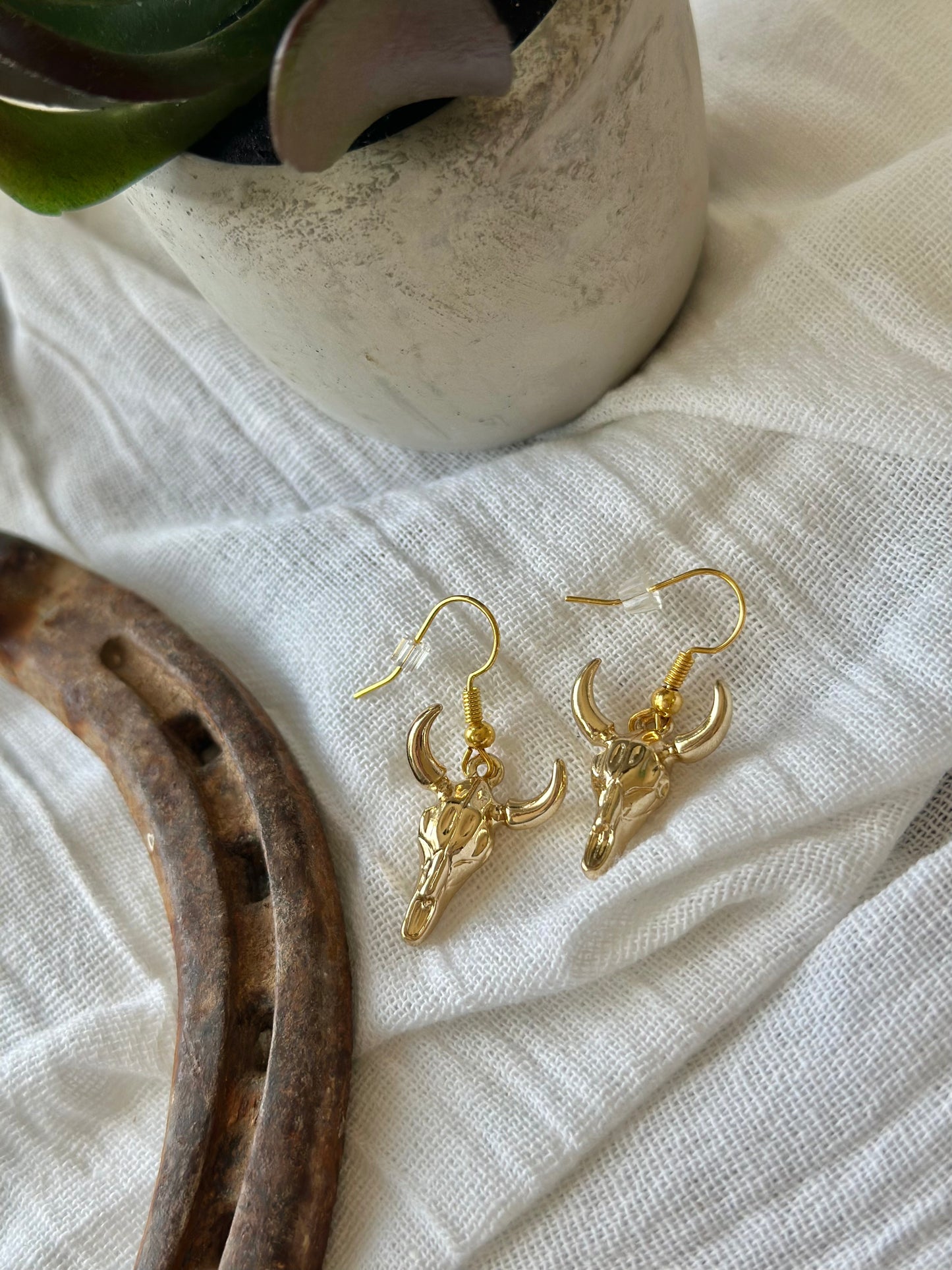 Small Gold Plated Cow Skull Charm Earrings