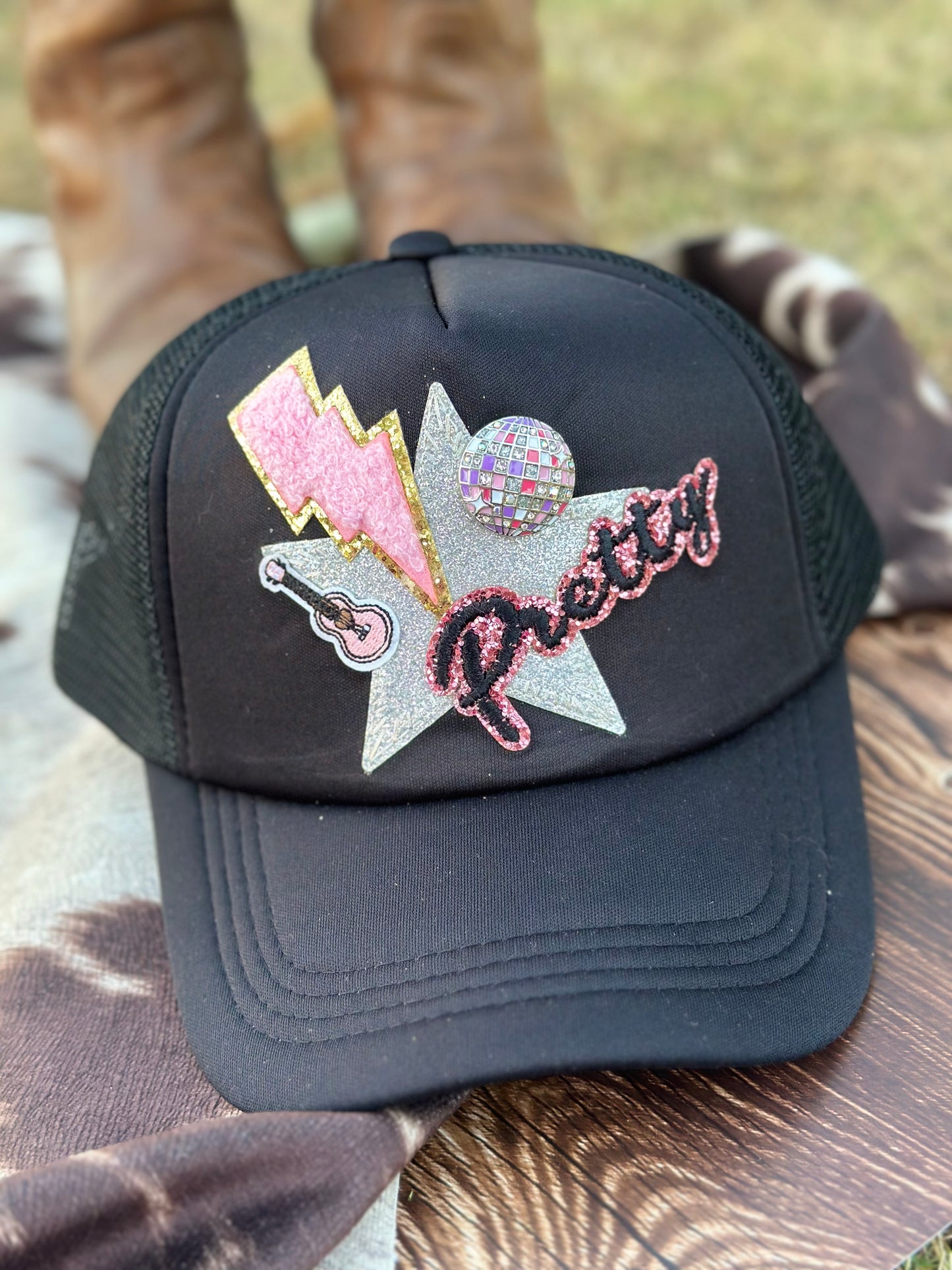 “Pretty & Bling” Black On Black Trucker Hat - Adult Size