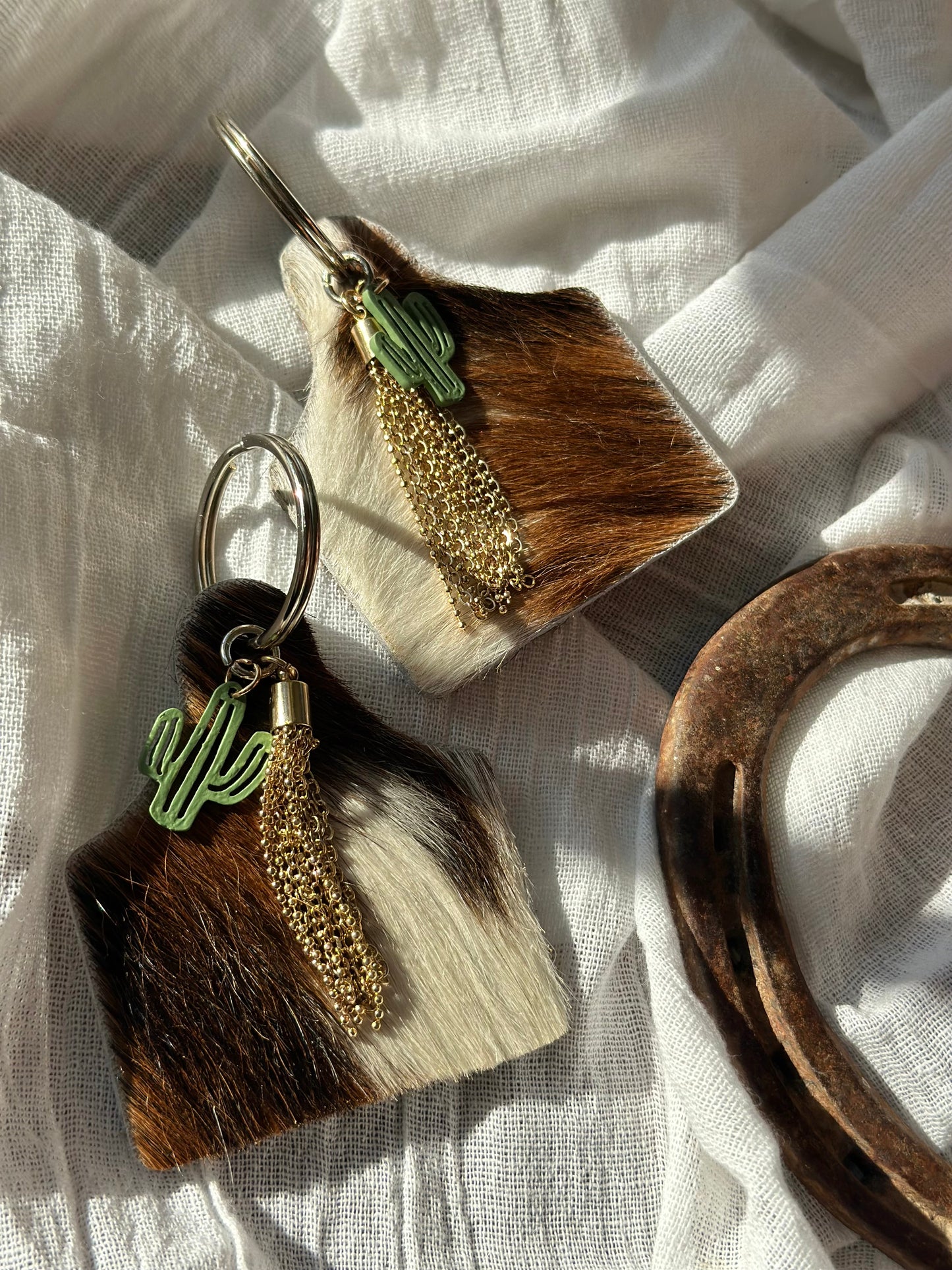 Cowhide Cactus Bling Keychains