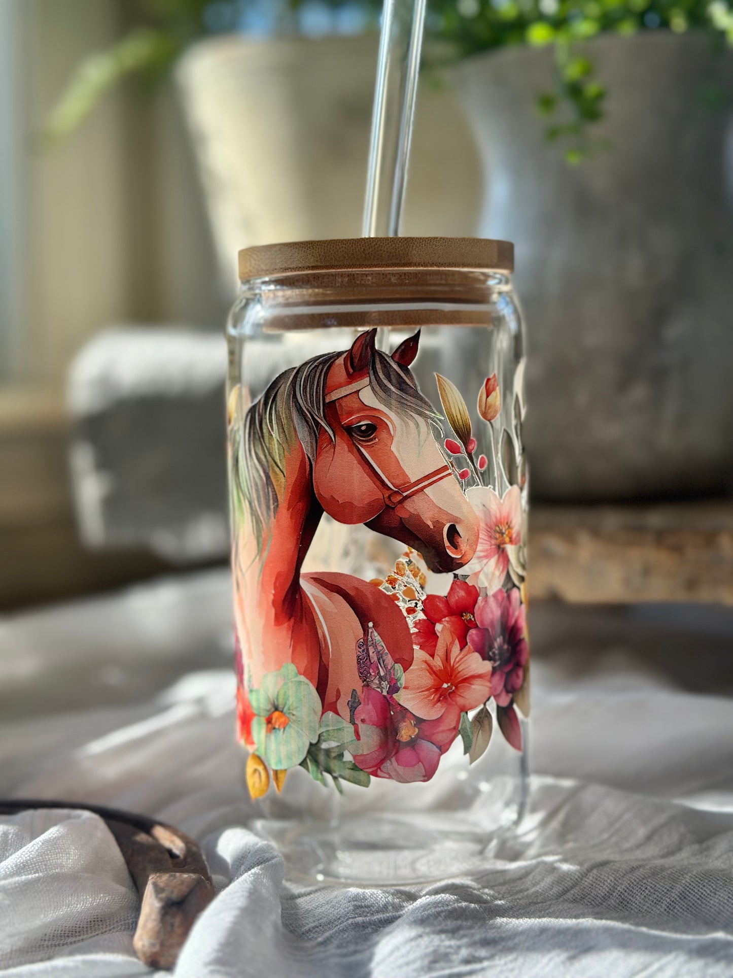 Floral Horse Glass Cup