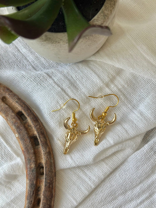 Small Gold Plated Cow Skull Charm Earrings