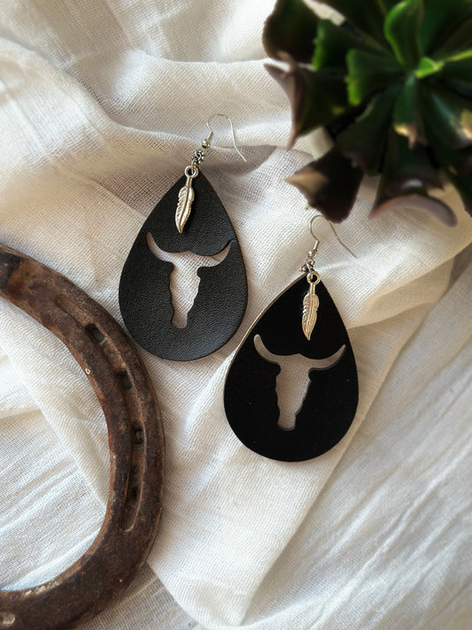 Black Faux Leather Cow Head Cut Out Earrings